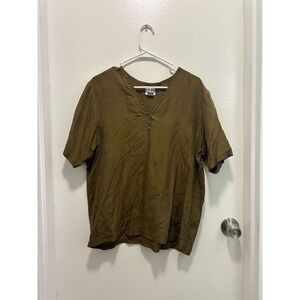 CLIO Women Olive Green V Neck Button Up Short Sleeve Top Size M